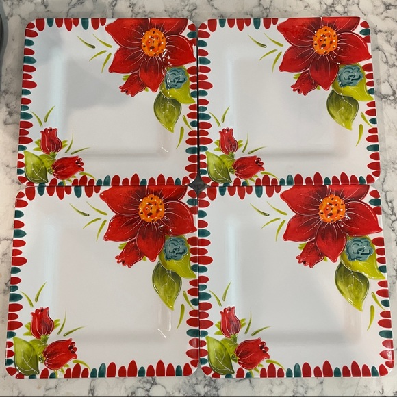 Set of 4 11” Laurie Gates melamine dinner plates in red floral - Picture 1 of 8